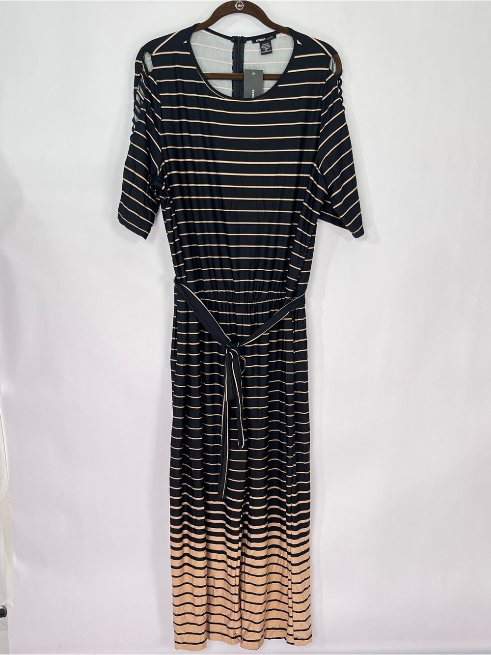 Robert Louis Black Tan striped short sleeve jumpsuit tie waist cold shoulder 2X